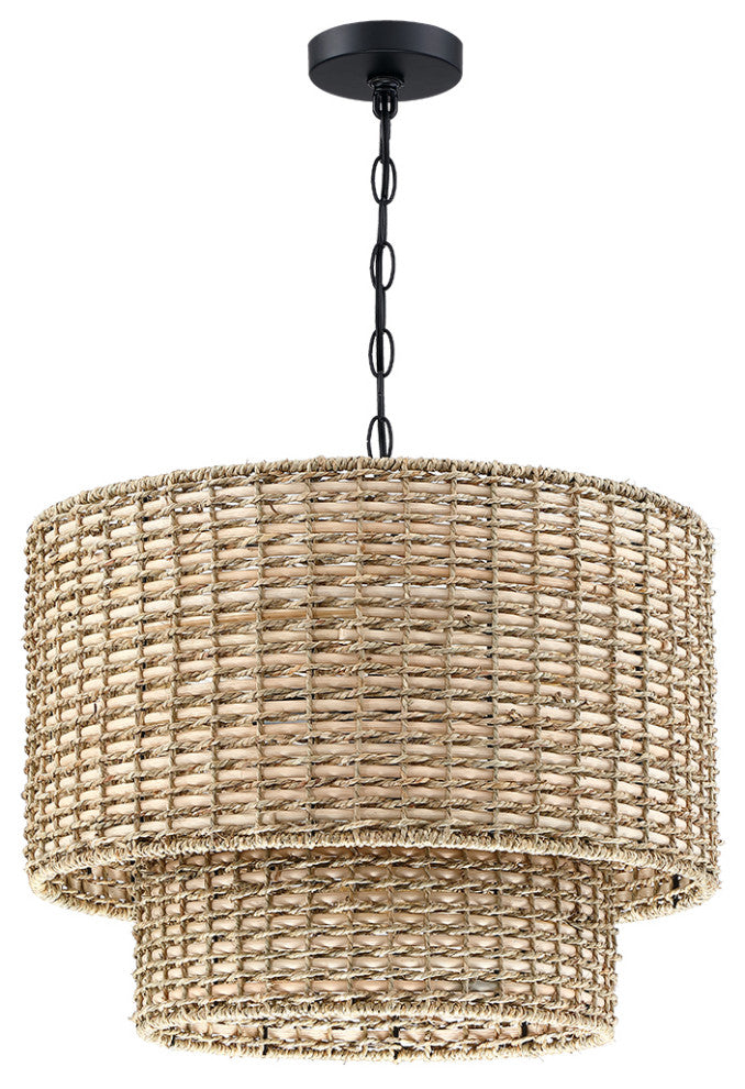 20" W 4-Light Rattan Tiered Drum Chandelier Light With Black Canopy