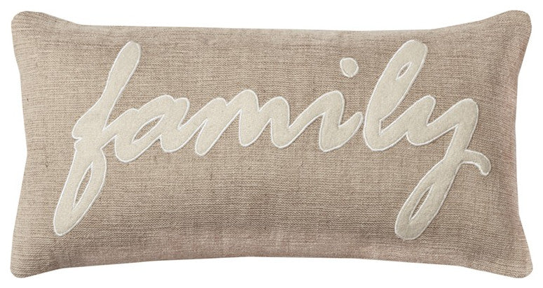 Tan Family Felt Applique Burlap Throw Pillow