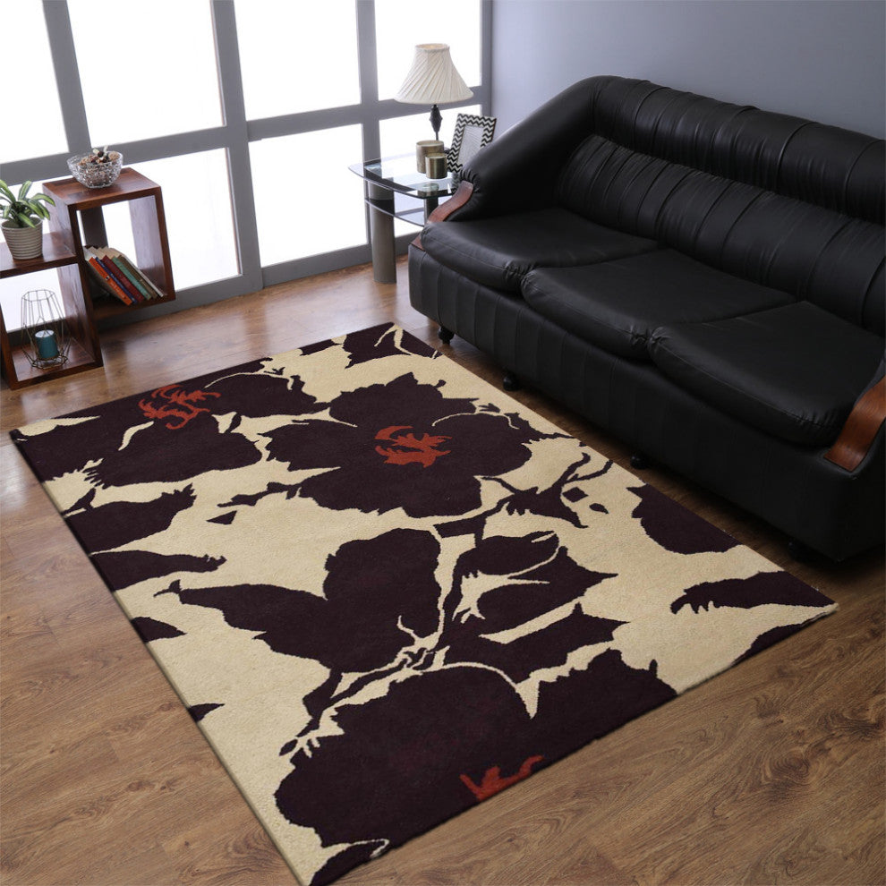 HAND TUFTED WOOL ECO-FRIENDLY AREA RUGS - Rectangle,Cream Brown,Floral