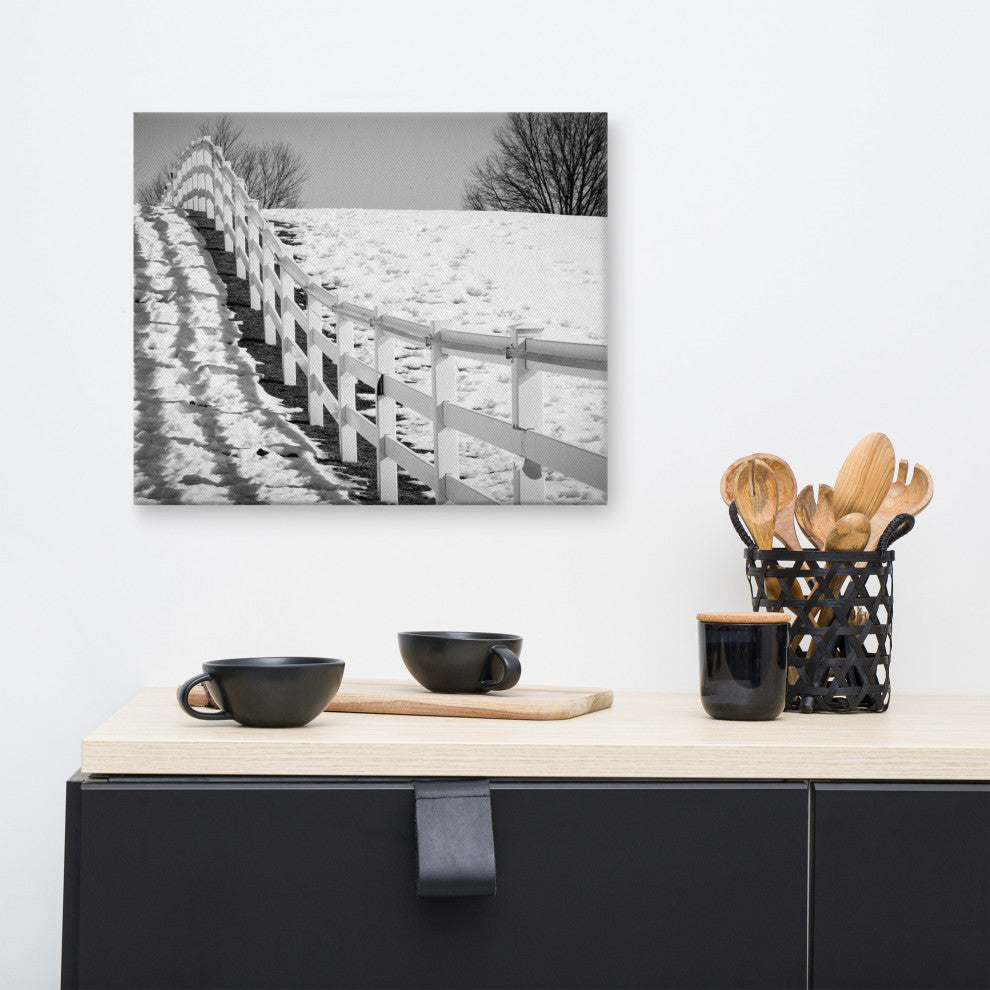 Endless Fence Rural Black & White Landscape Photo Canvas Wall Art Print, 16" X 20"
