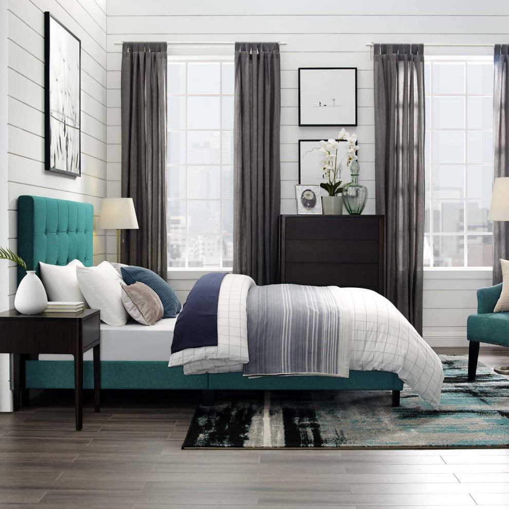 Contemporary Modern Bedroom Twin Size Platform Bed Frame, Fabric, Aqua Blue