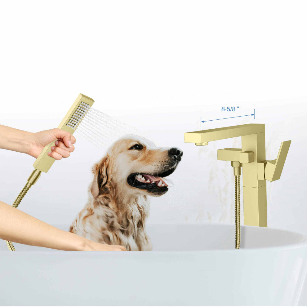 Cube Single Handle Floor Mount Tub Filler With Hand Shower, Brushed Gold
