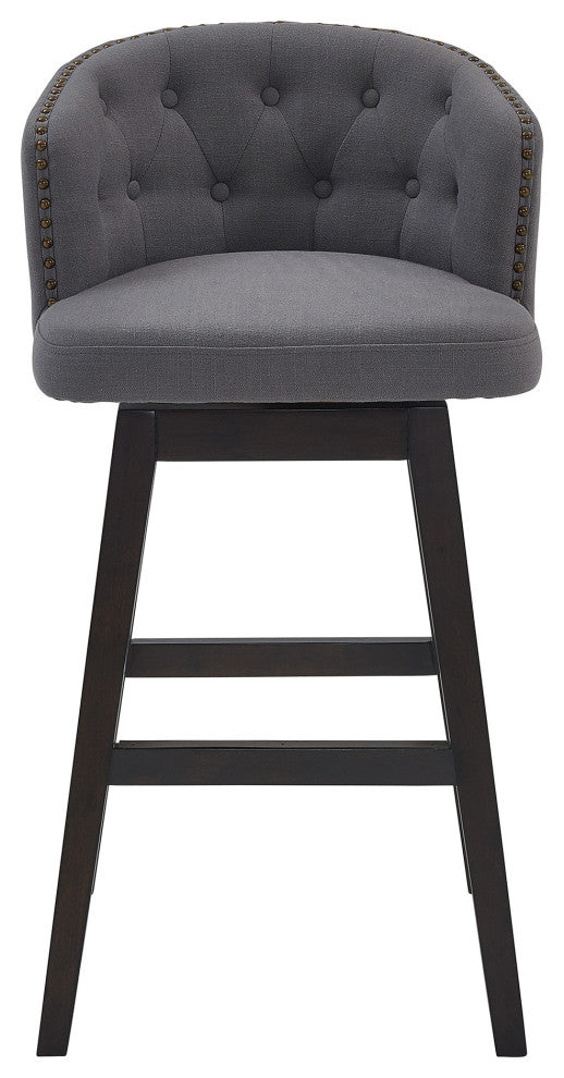 30" Gray Tufted Fabric and Dark Espresso Wood Swivel Bar Stool