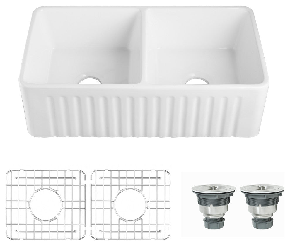 33'' x 18" White Farmhouse Ceramic Kitchen Sink,Reversible Double Bowl Sink