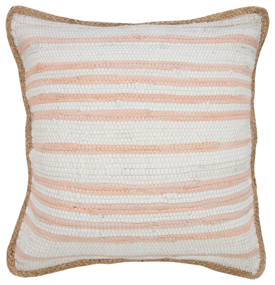 Coral Pink and White Striped Jute Bordered Throw Pillow