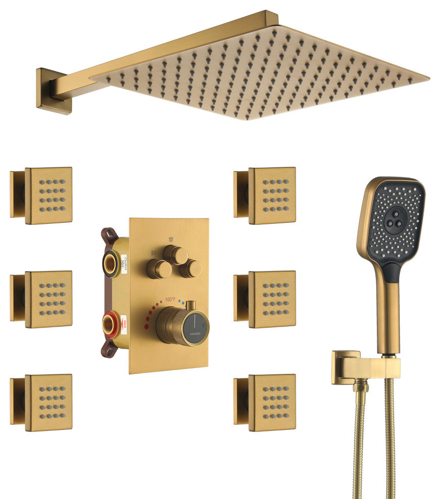 CASAINC 12" Wall Mounted Rainfall Shower Head with 6 Body Jets Shower System, Brushed Gold