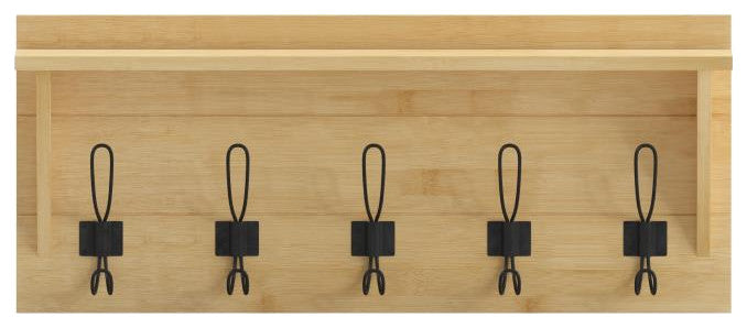 Daly Wall Mounted Solid Pine Wood Storage Rack With Upper Shelf and 5 Hooks, Bamboo