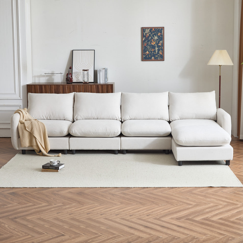 GDF Studio Upholstered Modular Sectional Sofa Set, White Sand, 4 Seater With Ottoman