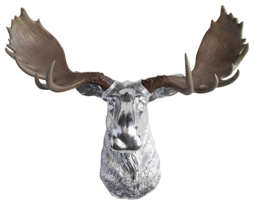 Faux Taxidermy Moose Head Wall Mount, Silver and Natural