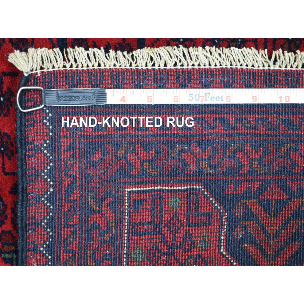 Deep and Saturated Red, Hand Knotted Afghan Khamyab Soft Wool Rug, 5'8"x7'5"