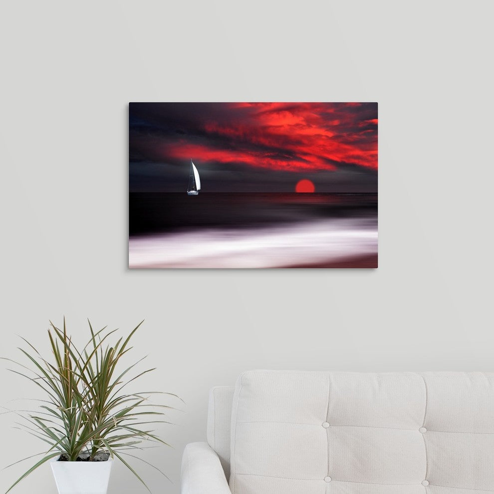"White sailboat and red sunset" Wrapped Canvas Art Print, 24"x16"x1.5"