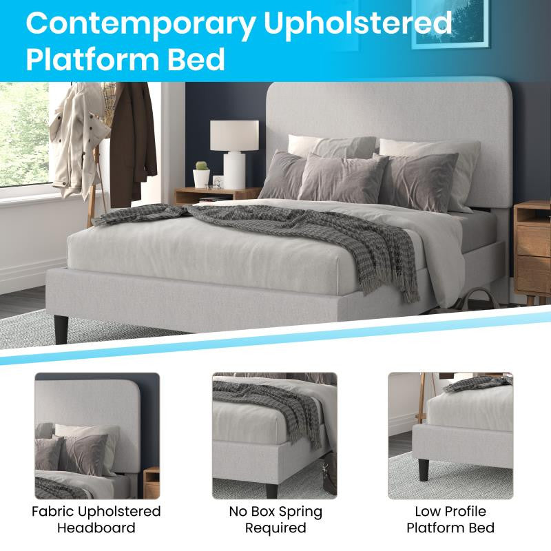 Addison Upholstered Platform Bed - Headboard with Rounded Edges, Light Grey, Queen