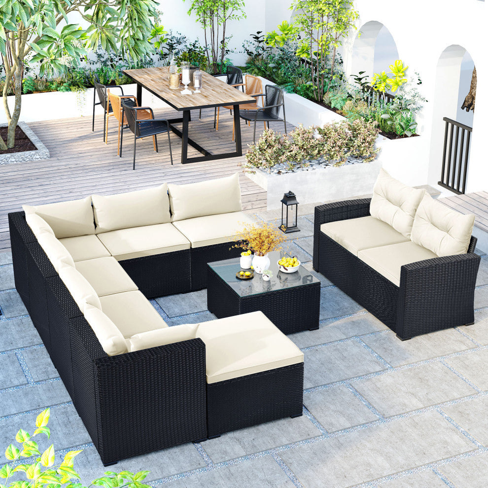 9-Piece Outdoor Wicker Reversible Patio Sectional Sofa With Cushions