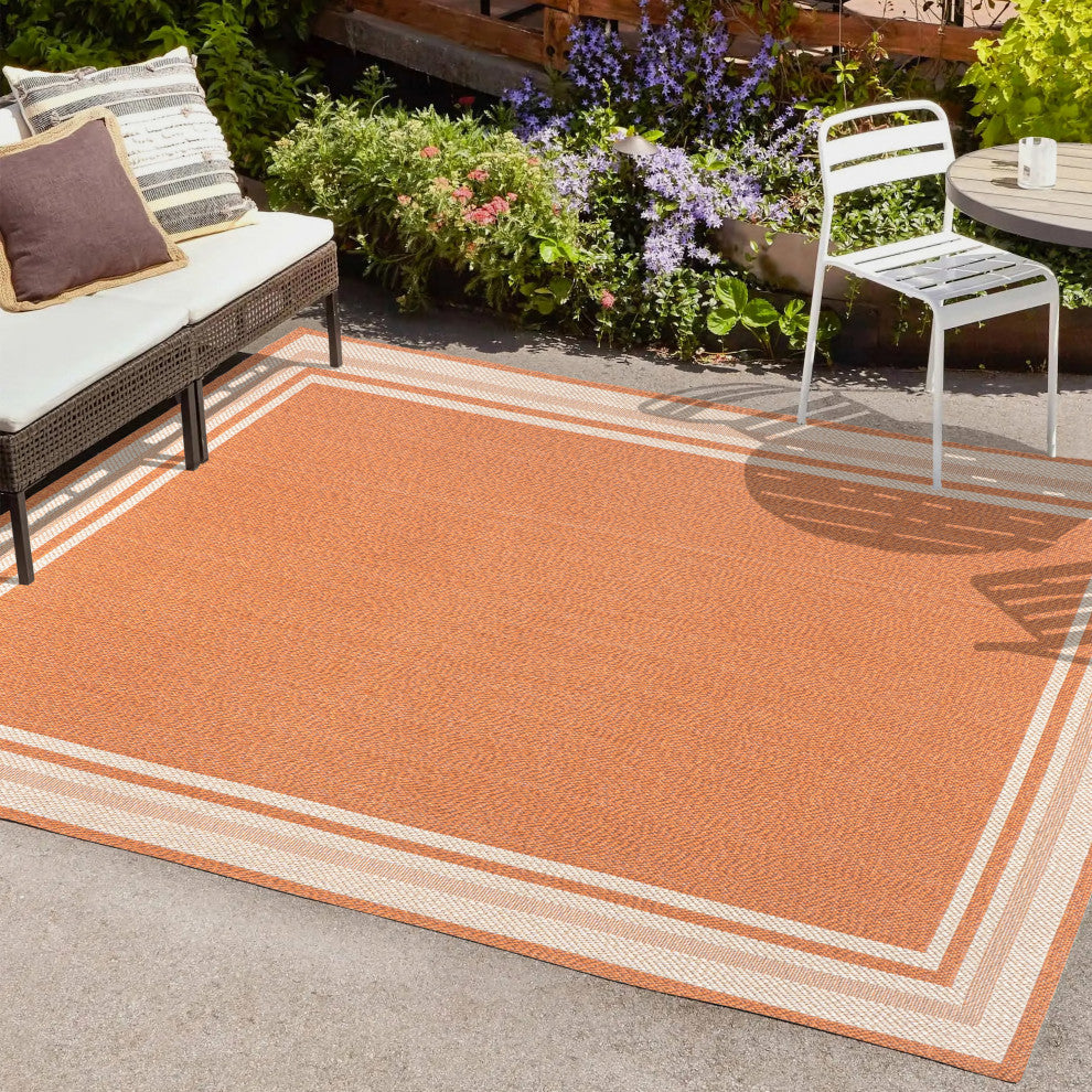 James Modern Border Stripe Indoor/Outdoor Area Rug, Orange/Cream, 8x10