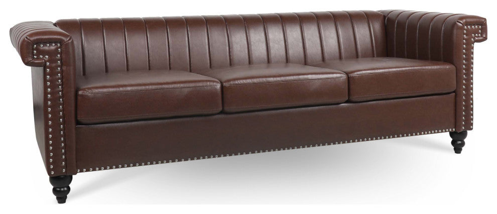83" Faux leather Square Arm Sofa with Nailhead Trim , Dark Brown