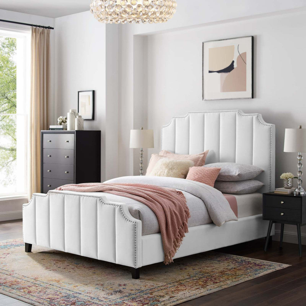 Platform Bed Frame, Queen Size, Velvet, White, Modern Contemporary, Bedroom