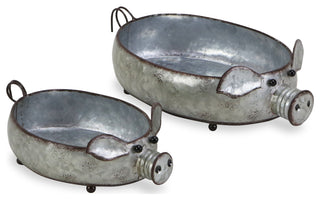 Galvanized Metal Piglet Planters, Set of 2