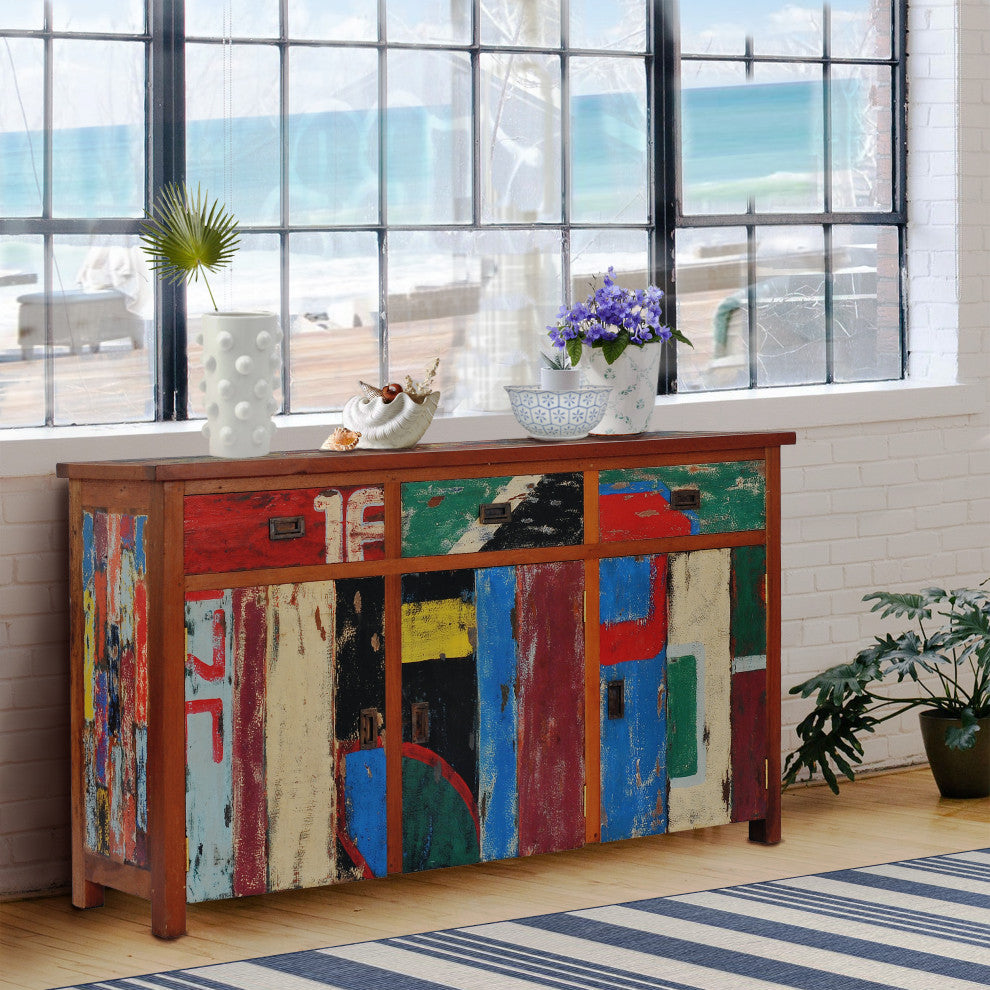 Buffet with 3 Doors and 3 Drawers Made from Recycled Teak Wood Boats, 63" Wide