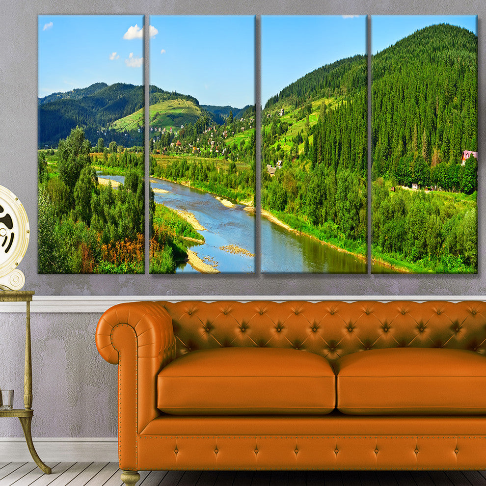 Green Mountains and River, Landscape Canvas Art Print, 48"x28", 4 Panels