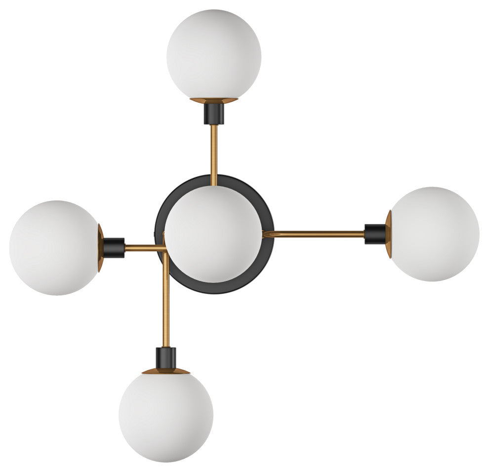 Black 5-Light Semi Flush Mount Ceiling Light With White Glass Shades