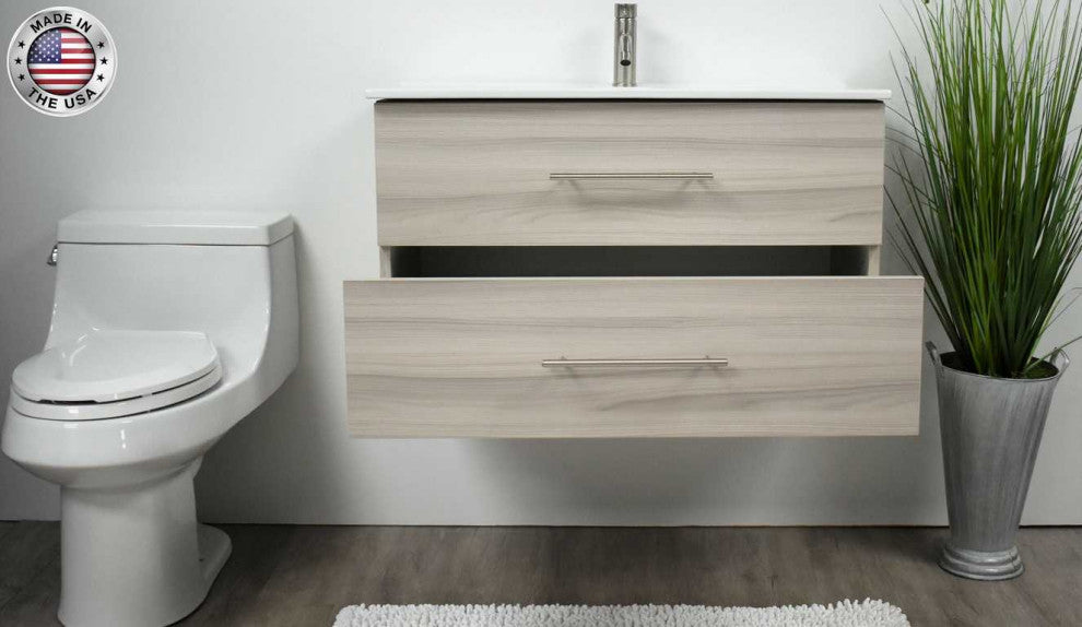 Napa 36" Modern Floating Bathroom Vanity With Ceramic Top and Round Handles, Ash Gray