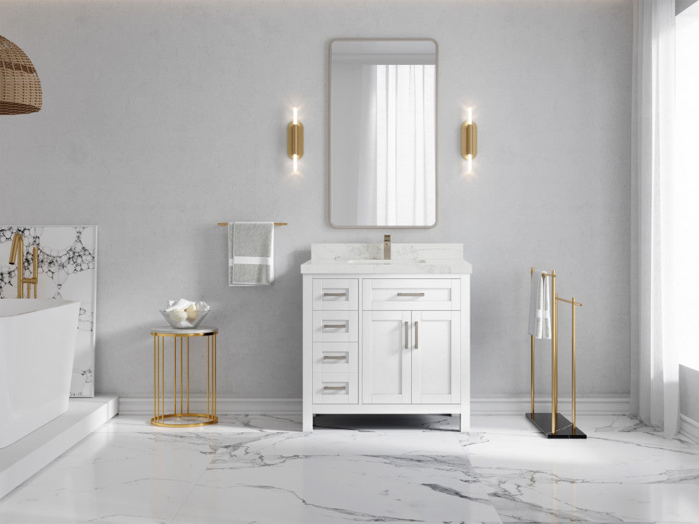 Cambridge 36 Center Sink Bath Vanity in White 2" Calacatta Nuvo