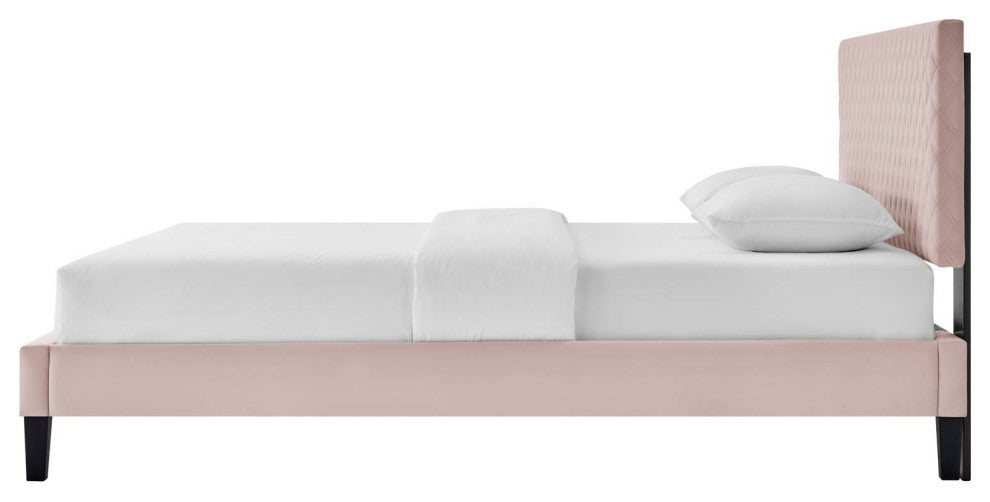 Platform Bed Frame, King Size, Pink, Velvet, Modern, Bedroom Master Guest Suite