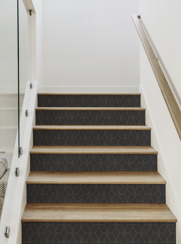 Hexagon Geometric Art Deco Lines Peel and Stick Stair Riser Strips, Ebony, 48"w X 6"h, 6 Pack