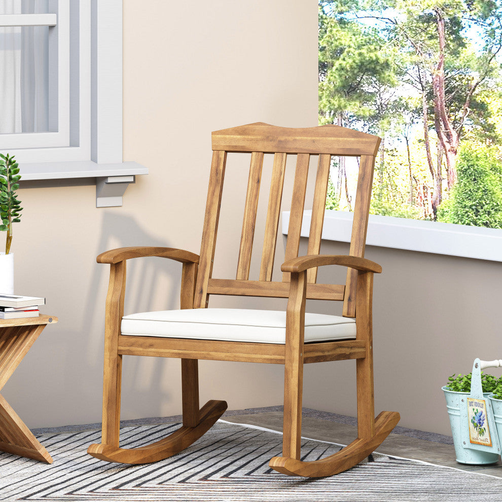 Kessler Outdoor Acacia Wood Rocking Chair With Cushion, Teak and Beige