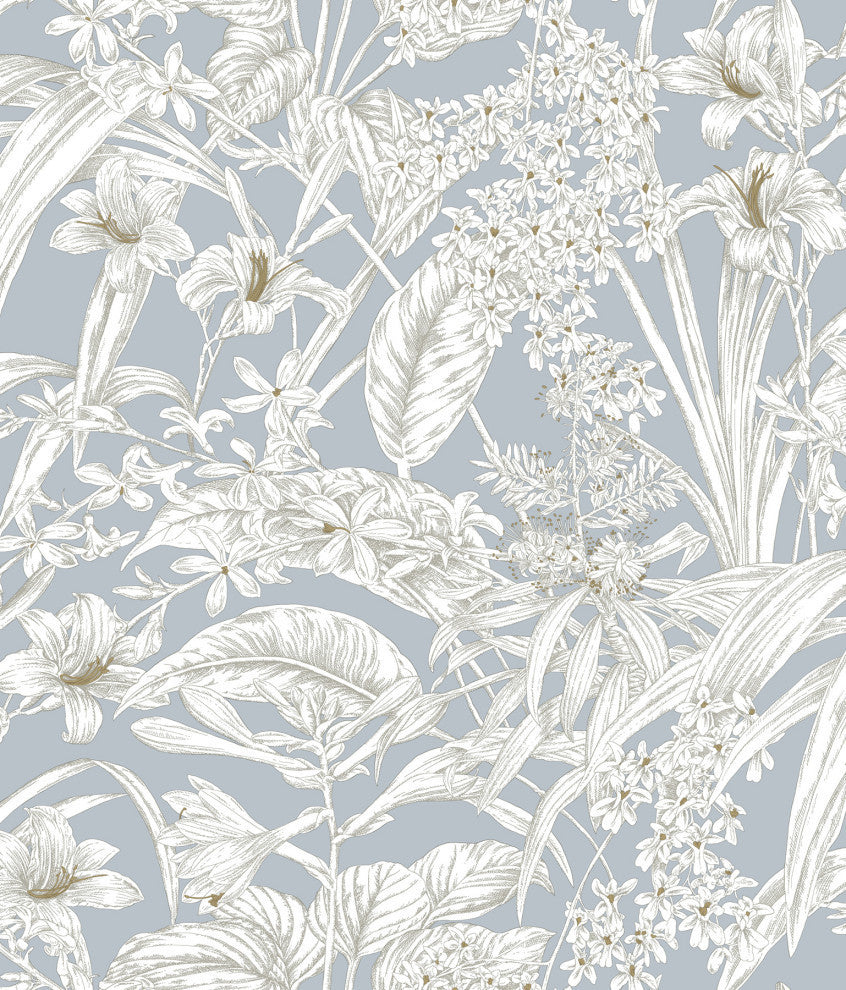 Orchid Conservatory Toile Blue and Taupe Wallpaper