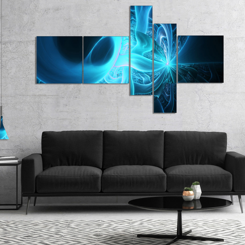 Shining Bright Blue on Black, Abstract Wall Art Canvas, 60"x32", 5 panels