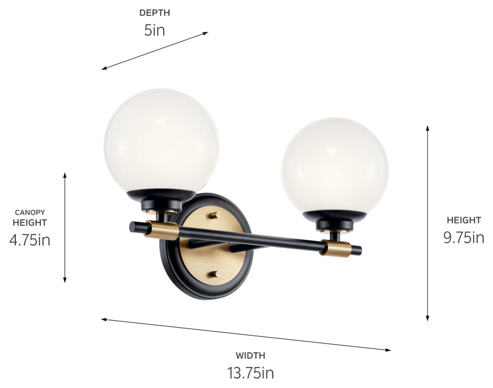 Benno 14.75" 2 Light Vanity With Opal Glass, Black and Champagne Bronze