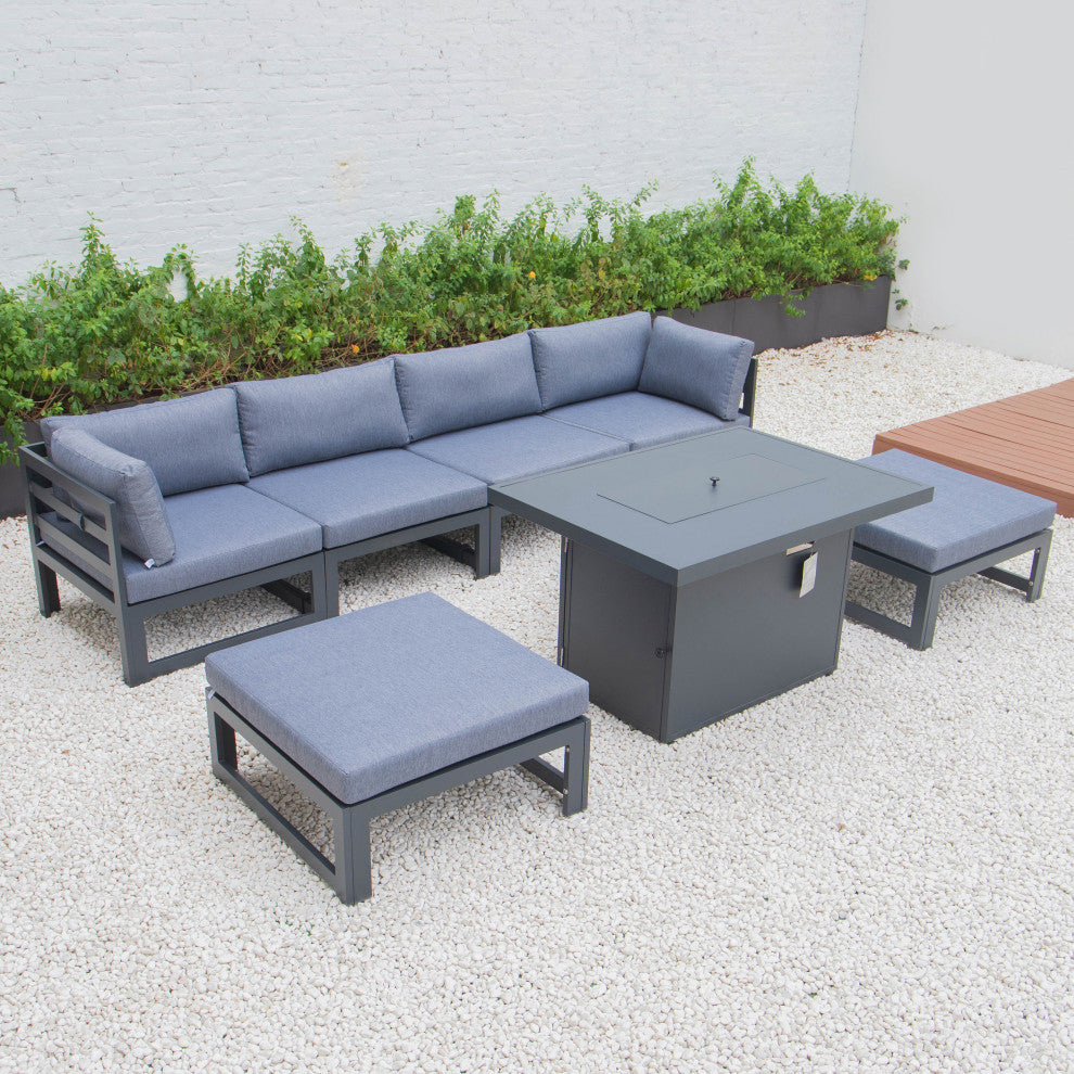 LeisureMod Chelsea 7-Piece Outdoor Sectional With Fire Pit Table, Blue