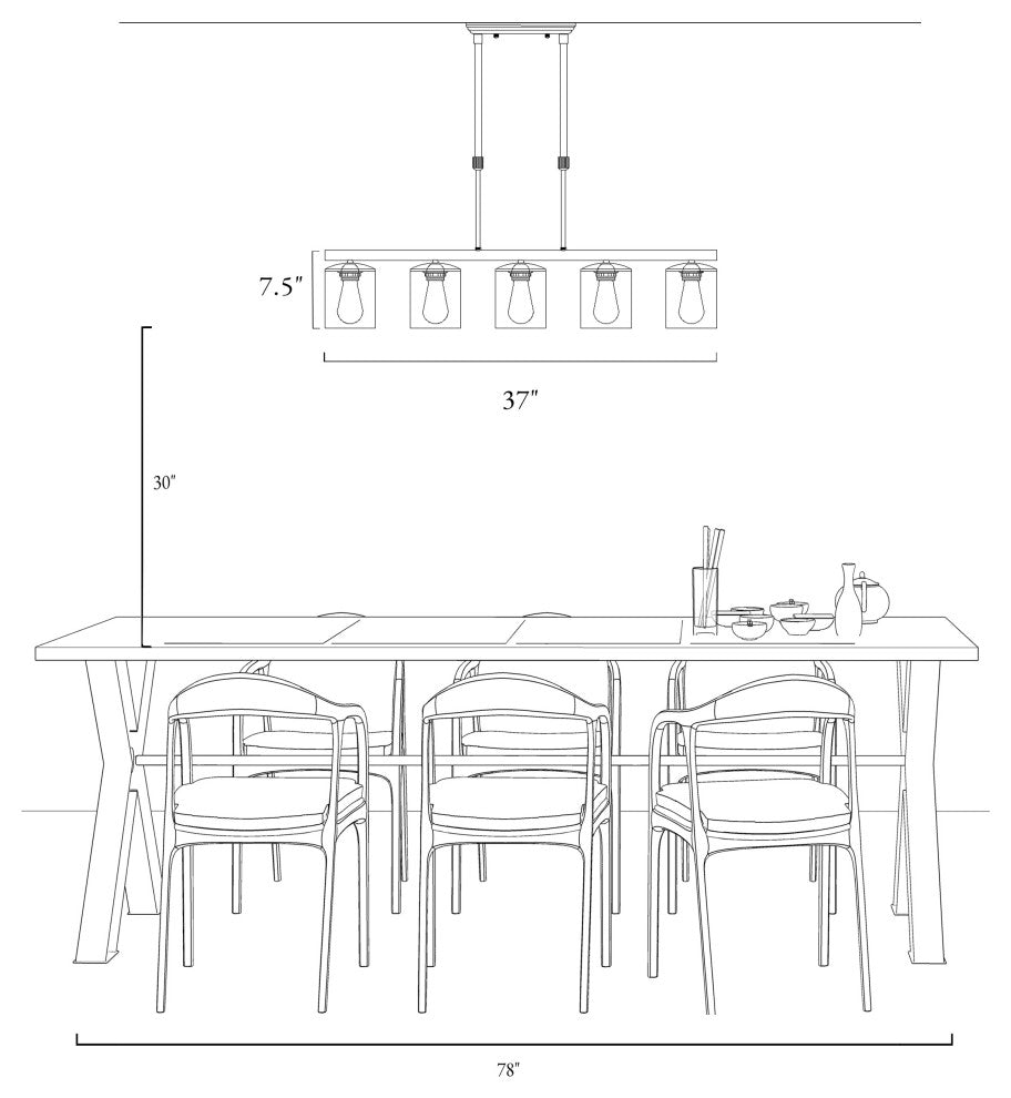 LALUZ 37" 5-Light Black and Clear Glass Modern Linear Pendant Lighting