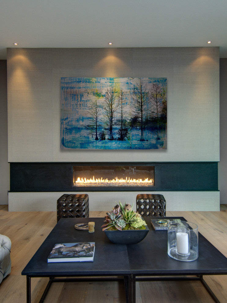 "Fir Trees Blue" Painting Print on Brushed Aluminum, 36"x24"