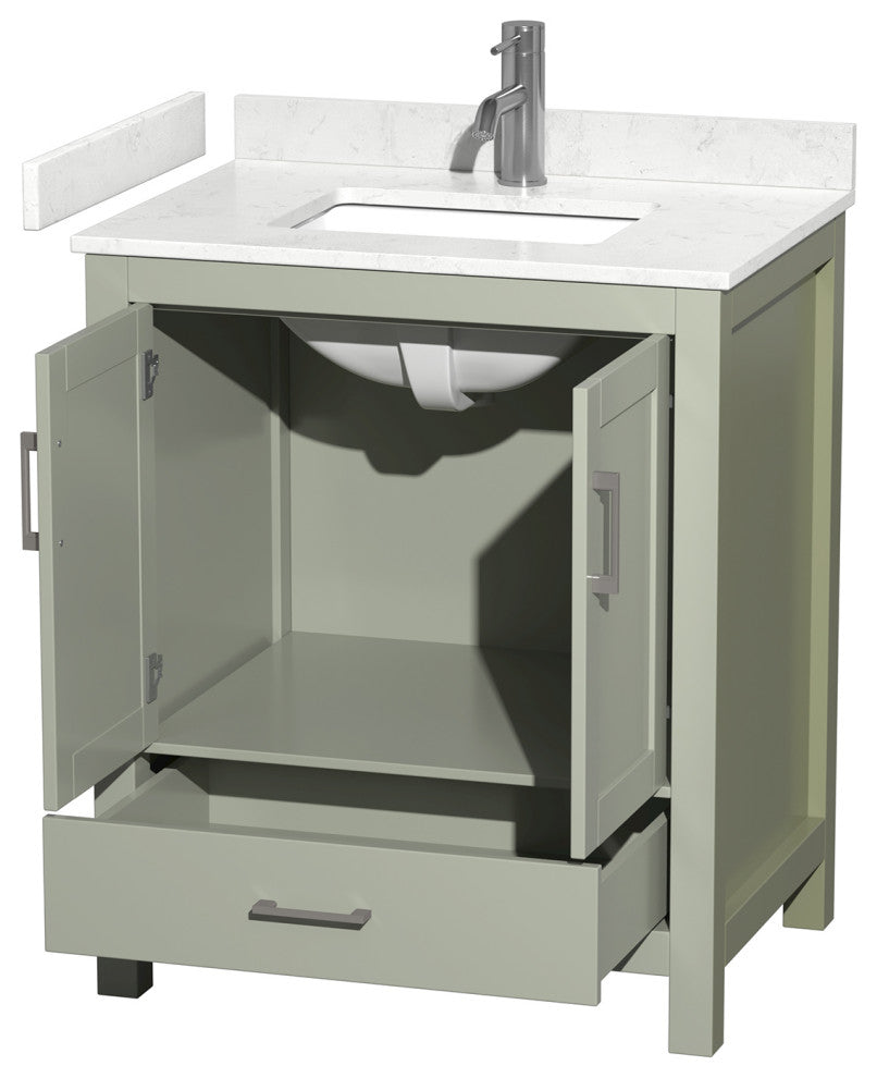 Sheffield 30" Light Green SGL Vanity, Carrara Cult. Marble Top, Sq Sink
