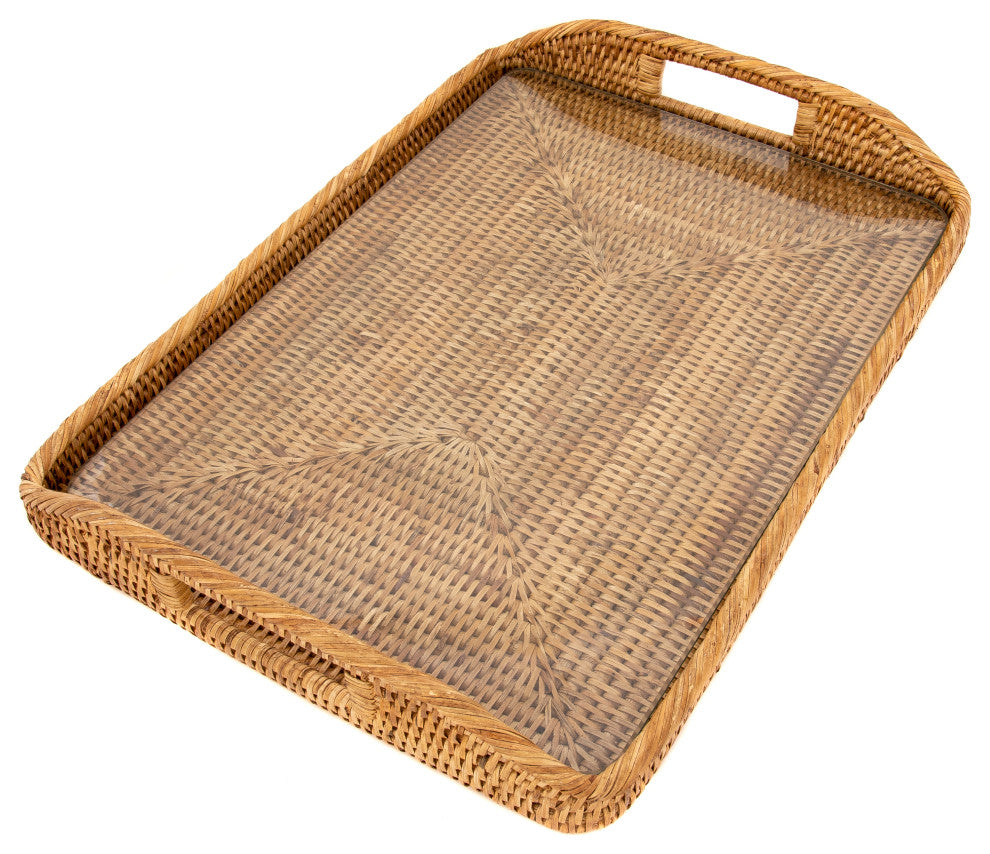 Rectangular Tray With Glass Insert, Honey Brown, 17"x12"x1"