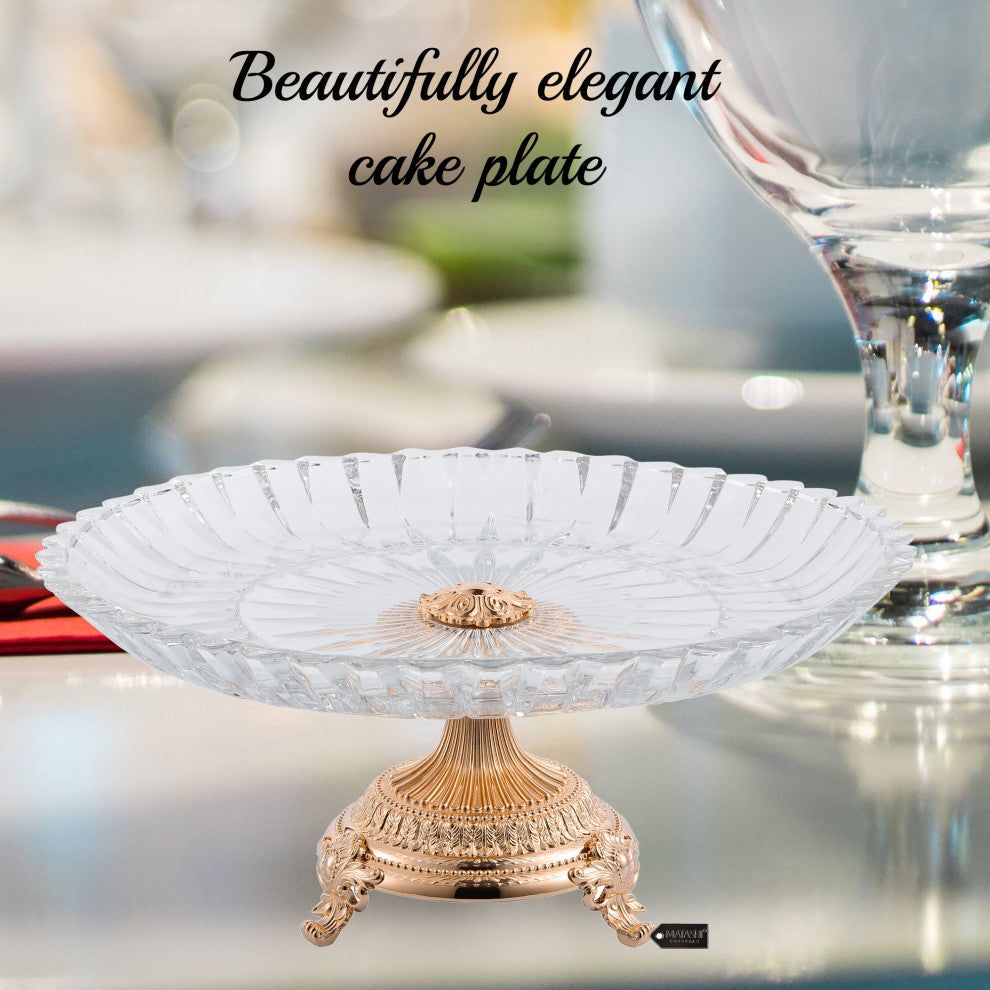 Crystal Cake Dish Round Serving Platter With Rose Gold Plated Pedestal Base