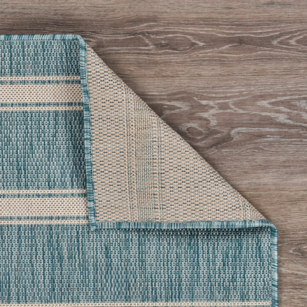 8" x 10" Teal Striped Indoor Outdoor Area Rug