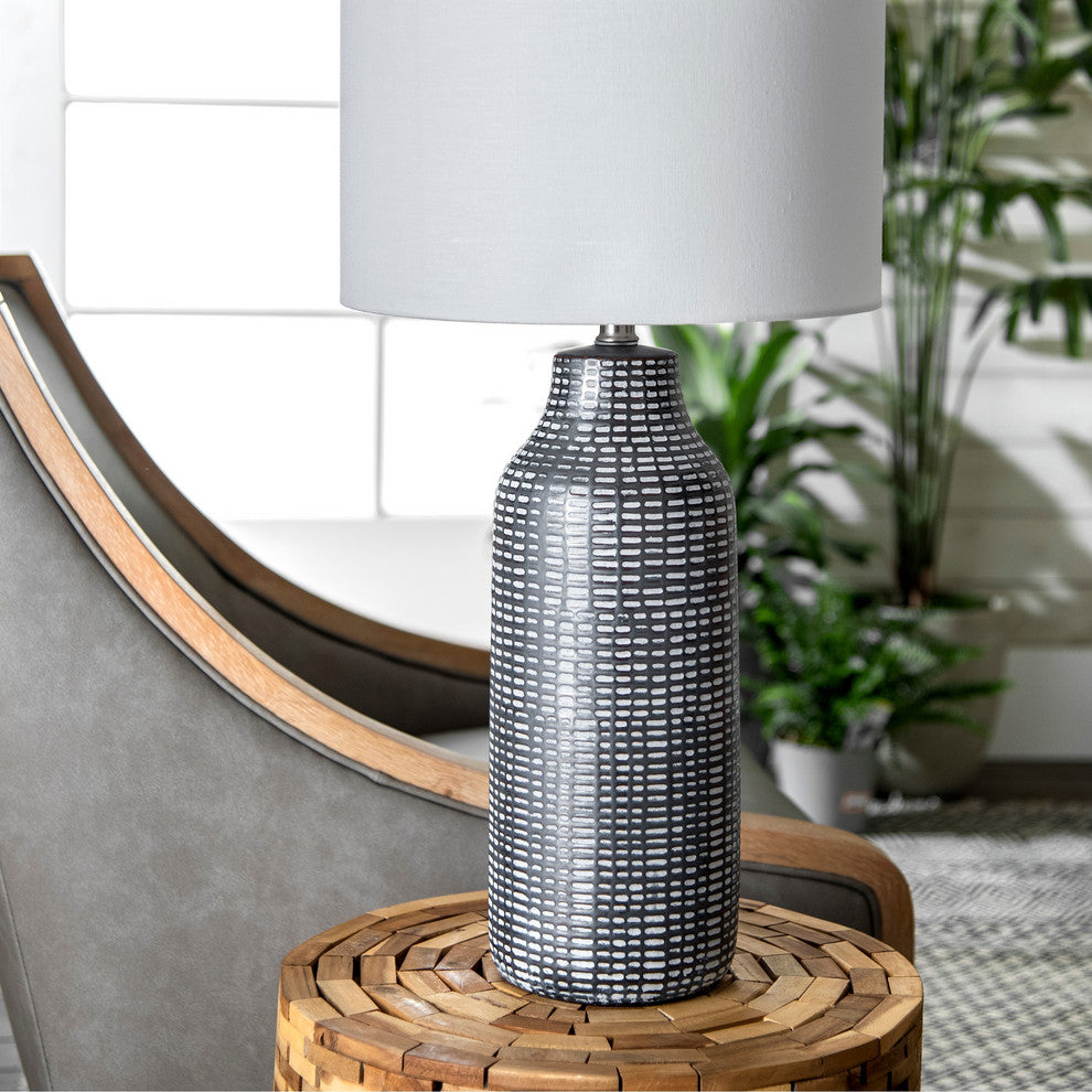 Nuloom Ceramic Linen Shade Black and White Finish On-Off Switch Table Lamp, 26"
