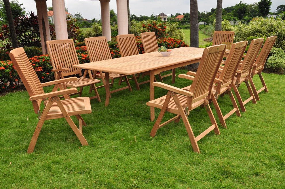 13-Piece Outdoor Teak Dining Set, 117" Rectangle Table, 12 Marley Arm Chairs