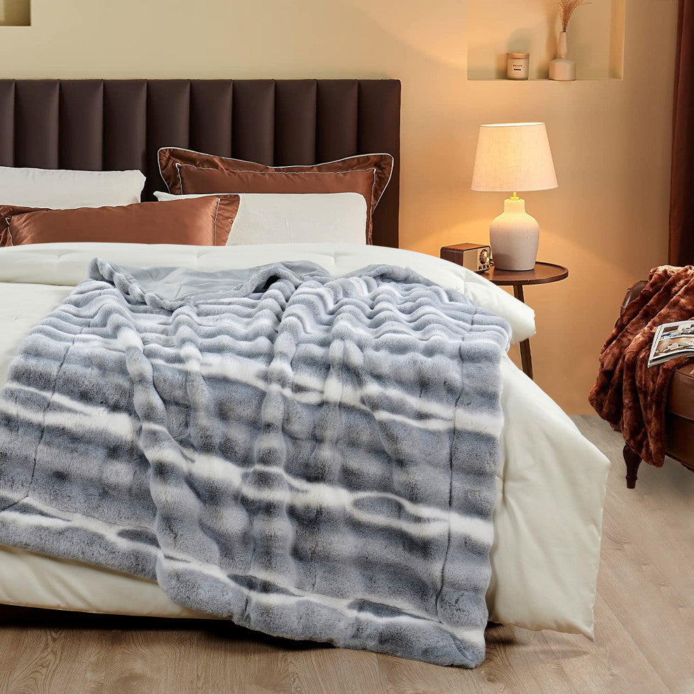 Tip Dying Two Tone Faux Fur Throw, Blue White