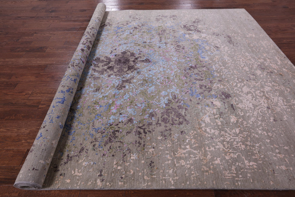 8' 11" X 12' 1" Wool and Silk Modern Hand Knotted Rug Q9259