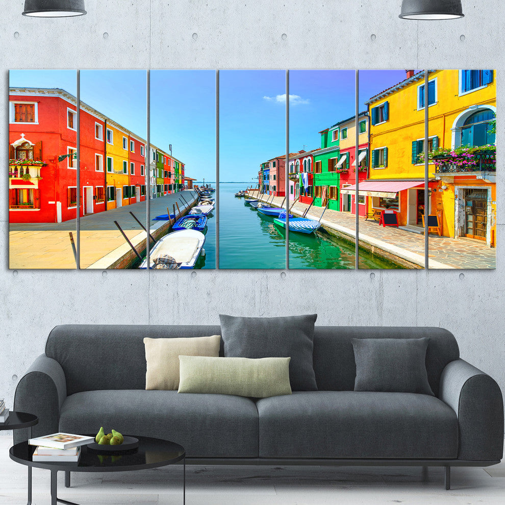 Colorful Burano Island Canal Venice, Landscape Canvas Art, 83"x32", 7 Panels