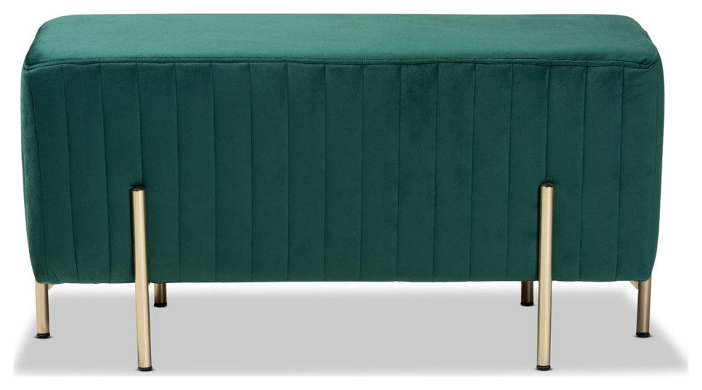 Helaine Glam and Luxe Green Fabric Upholstered and Gold Metal Bench Ottoman