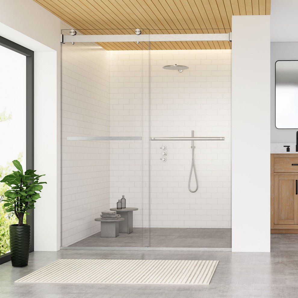 Marcelo By Pass Frameless Shower Door, Clear Glass, Brushed Nickel, 60"wx76"h