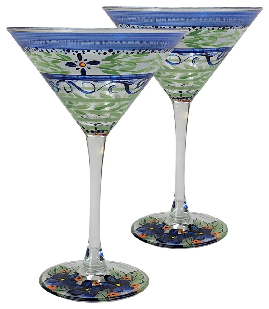 Blue Floral Martini Glasses, Set of 2