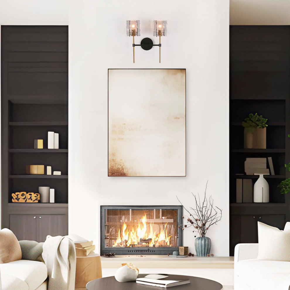 LNC Tucana Polished Gold and Matte Black Modern Wall Sconce, Textured Glass, 2 Lights