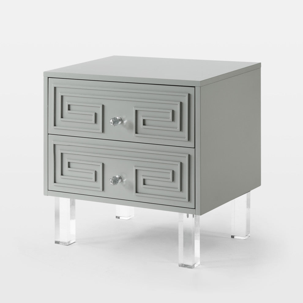 Shirin Greek Key Lacquer-Finish Lucite Leg Side Table, Light Grey