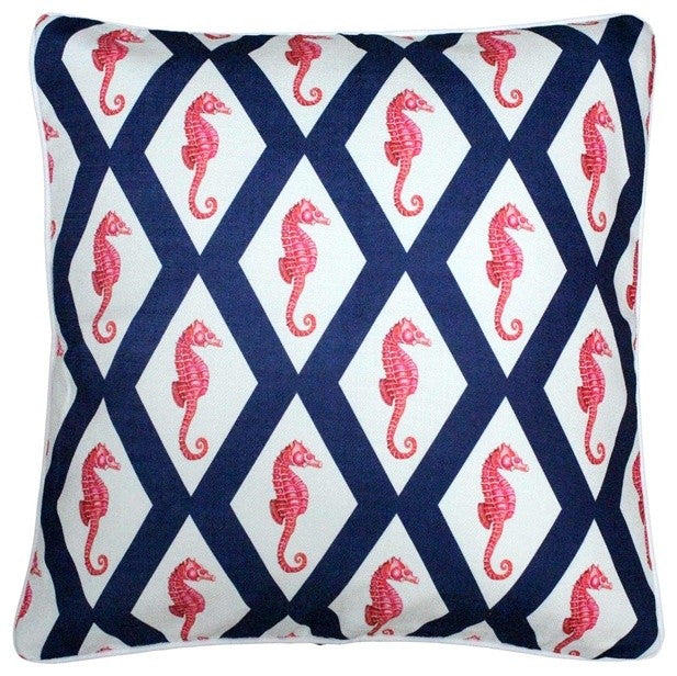 Tracy Upton Sea Island Navy and Red Argyle Seahorse Throw Pillow, 20"x20"